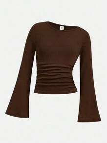 Girlism Tween Girl Multicolor Fall Rib-Knit T-Shirts With Flare Sleeves And Boat Neckline, Long Sleeve Crop Top, 3 Packs Top Winter