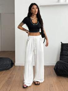 Coolane 女士夏季音乐会狂欢节外出文艺复兴博览会日常穿着纹理褶皱白色阔腿裤 - 白色 - 查看 6