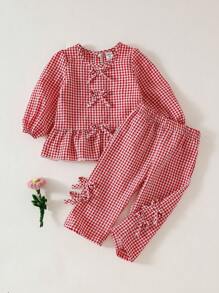 SHEIN 2件套女婴2025春季时尚休闲长袖红白格子上衣+红白格子裤套装