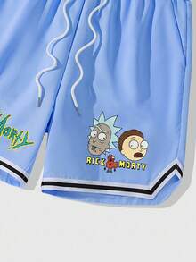 ROMWE MEN Rick and Morty | ROMWE Letter & Cartoon Figure Graphic Drawstring Waist Shorts - Blue - View 3