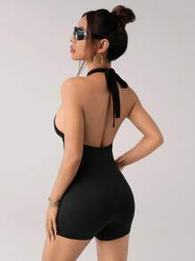 SHEIN ICON 金属装饰镂空露背性感紧身女式连体衣 - 黑色 - 查看 2