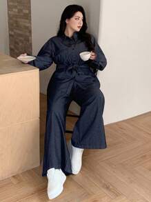 Dazy Plus 2pcs Set: Loose Fit Denim Shirt With Collar & Casual Denim Pants, Suitable For All Seasons, Spring/Autumn,Fall Women Clothes