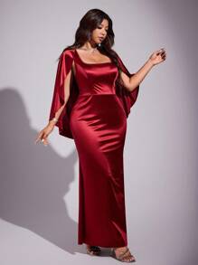Viva Relle Elegant Slimming Fish Tail Hem Long Dress, Plus Size - Burgundy - View 1
