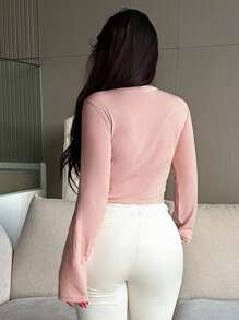 Dazy Plus Camiseta rosa de manga larga con parches de malla elástica para mujer de talla grande, top de salida de otoño para mujer - Rosa - Ver 2