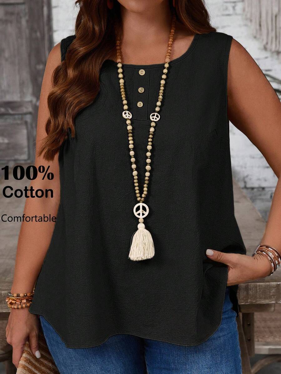 EMERY ROSE Plus Size Women's Casual Black Sleeveless Top With Button Decor Round Neck,Summer Holiday,Vacation Outfits Women,Simple And Fashionable For Everyday Wear,Vacay Vibes,Springbreak,Casual Wear SS,Bohemia,Going Out Outfits,2025 New Clothes,Fall Women Clothes,Comfortable And Breathable - Black - View 1
