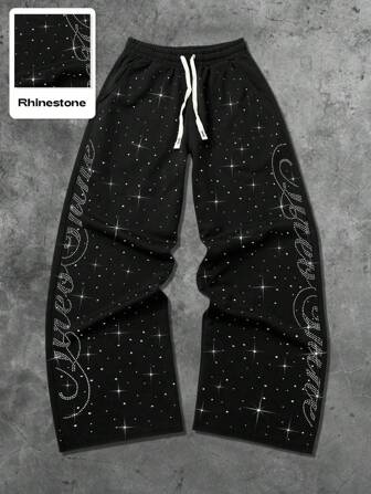Street Life Pantalon de survêtement unisexe style streetwear avec texte anglais et strass, coupe droite