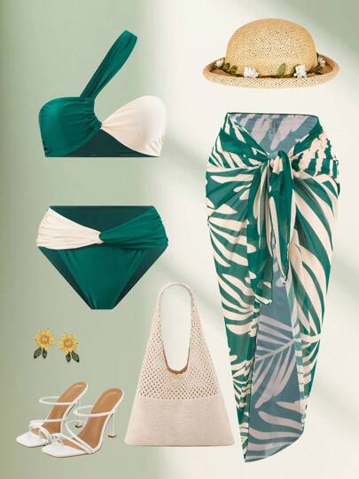 Swim Oasis 3pcs Women's New Summer Beach Vacation Sexy One Shoulder Patchwork Backless Textured Swimsuit Top, Paired With Patchwork Waist Bikini Bottom, And Leaf Print Mesh Skirt, Premium Swimwear Set