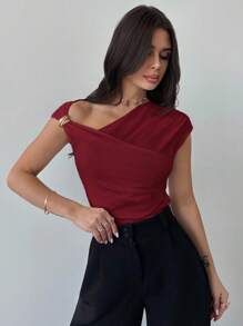 Firerie 女式不对称肩部褶皱腰部紧身 T 恤，优雅朴素的设计，适合日常通勤、春夏、海滩、机场、度假、教师 - 酒紅色 - 查看 7