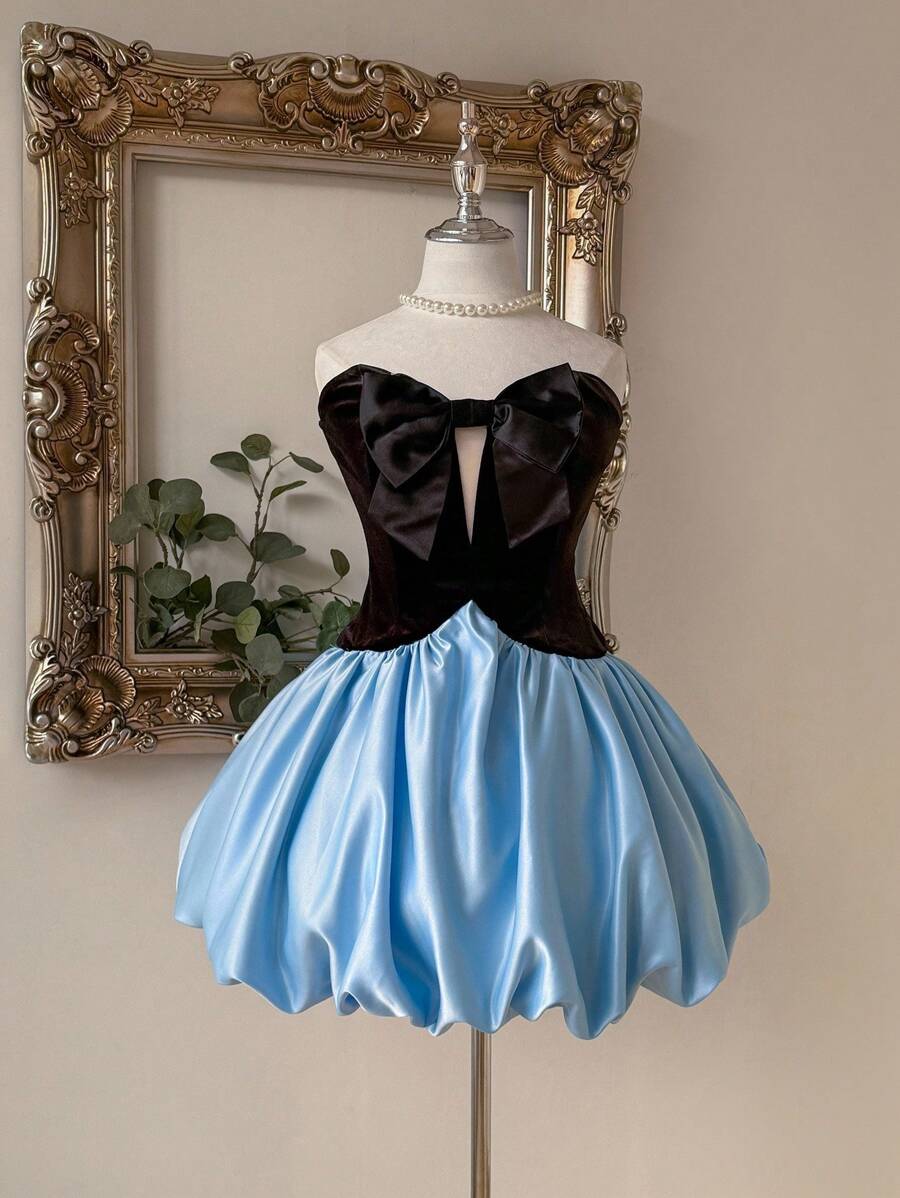 SHEIN Belle Elegant, Romantic, Black & Blue Satin Strapless Tube Bow Decor Dress, Birthday Party Prom Wedding Guest Dress