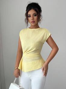 Elenzga 优雅简约不对称腰部设计浅黄色纯色面料女式上衣 - 黃色 - 查看 5