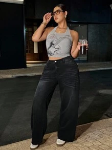 Dripcurv 大码女式吉他印花露背背心 - 駝色 - 查看 4