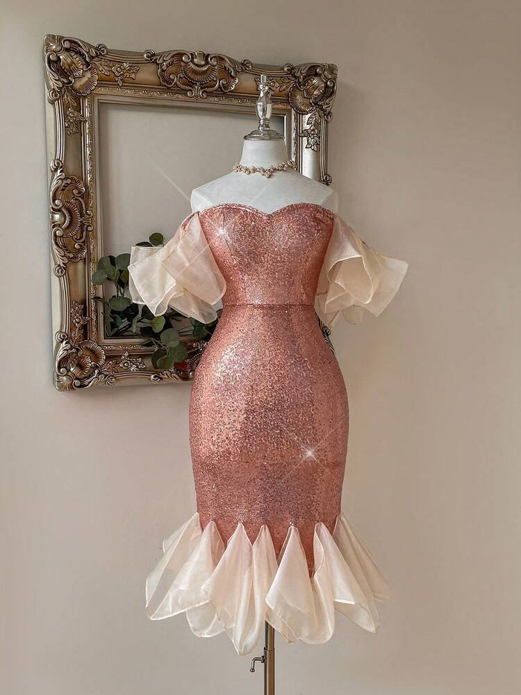 Elegant Champagne Fine Sequin Fabric Shiny Silk And Organza Splicing Sequined Fishtail Hem Off Shoulder Asymmetrical Puff Sleeves AndFishtail Bodycon Dress With Asymmetrical Bubble Rhombus Shape Suitable For Gorgeous And Elegant Back-To-School Party Receptions Wedding Seasons Mother's Day Music Festival Graduation Season Showers Easter Holiday Party Occasions Women's Coded Cocktail Dresses