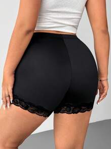 SHEIN EZwear 大码女式黑色功能性针织罗纹面料蕾丝边纯色休闲百搭高腰紧身骑行短裤紧身裤 - 黑色 - 查看 2