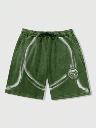 Grunge Punk Pantalones cortos sueltos de verano para hombre con estampado de llama callejera, cintura con cordón desgastado y lavado