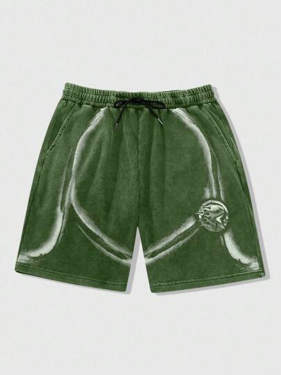 Street Life Pantalones cortos sueltos de verano para hombre con estampado de llama callejera, cintura con cordón desgastado y lavado