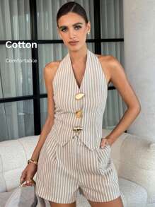 Lavishia Bộ 2 áo crop top hở vai và quần short họa tiết sọc kim loại thường ngày cho nữ - Nhiều màu - Xem 3