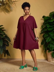 Slaydiva 2025 New Arrival/Easter/Western Style/Elegant Casual Commute/Business Casual Women's Short Sleeve Shirt Dress, Elegant Personalized Design V-Neck Chiffon Blouse Loose Short Sleeve Ruffle Sleeve Dress Plus Size Casual Dress Plus Size Burgundy Dress Plus Size Vacation Dress Plus Size Dress Burgundy Dress - Burgundy - View 8