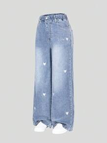 SHEIN Denimly Nouveau Printemps/Été Femmes Coupe Ample Bleu Clair Jeans Jambe Large en Denim, Tissu en Denim Doux Comme Être Enveloppé dans des Nuages, Détail de Broderie en Forme de Cœur, Design de Taille Élastique pour le Confort, Convient pour le Campus, la Rue, les Rendez-vous, les Activités de Plein Air et le Port Quotidien