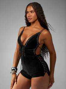 MISSGUIDED 系带连体衣节日波西米亚哥特式做旧皮革链条细节可调节肩带派对夜店连体衣 - 黑色 - 查看 6