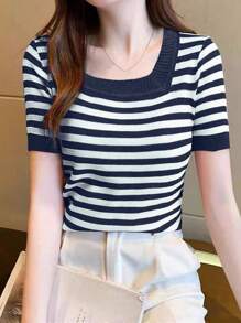 Chiquease 女士方领短袖休闲条纹针织上衣，秋冬 - 藏蓝色 - 查看 4