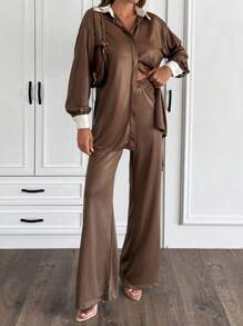 EURMUSE 2pcs/Set Women Rhinestone Collar Detailed Elegant Loose Long Sleeve Shirt And Wide Leg Pants Brown Elegant Suit - Brown - View 5