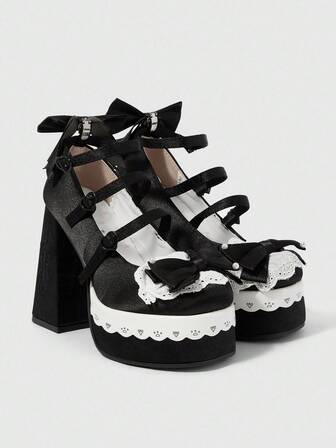 Kawaii Women's Black High Heel Closed Toe Mary Jane Shoes With Strap, Waterproof Platform, Lolita Gothic Bowknot Sweet JK Style Pumps
