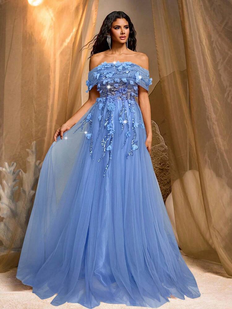 Glamrae Elegant Luxurious 3D Floral Embroidery Lace Patchwork Tulle Maxi Skirt, Suitable For Wedding, Party, Vacation, Ball Gown (Heavy Embroidery) - Blue - View 3