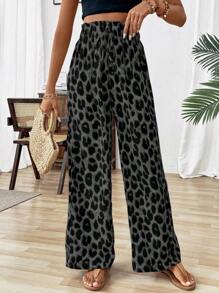 SHEIN Tall Women's Fashion Casual Everyday Tie-Waist Leopard Print Wide Leg Pants Casual Outfits Spring Fall Cloth For Women