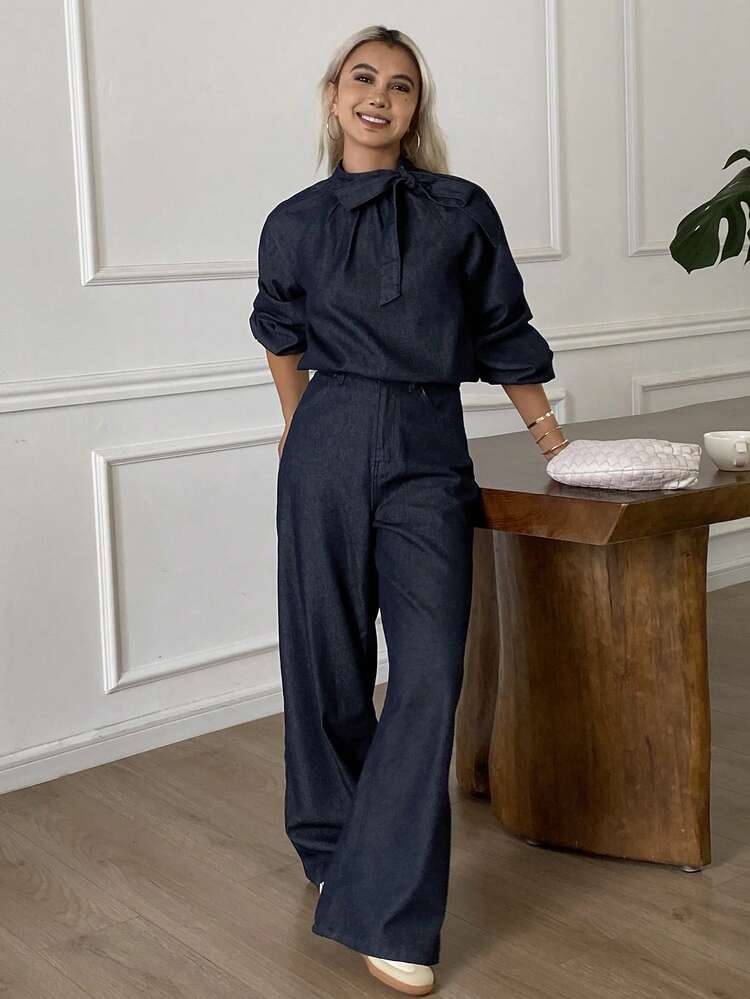 Women's Tie-Up Korean Style Long Sleeve Shirt And Loose Fit Long Pants 2 Pieces Denim Suit