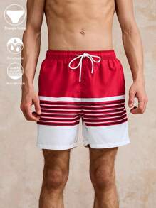 Surfspeed Men's Striped Print Drawstring Waist Beach Shorts - Red - View 4