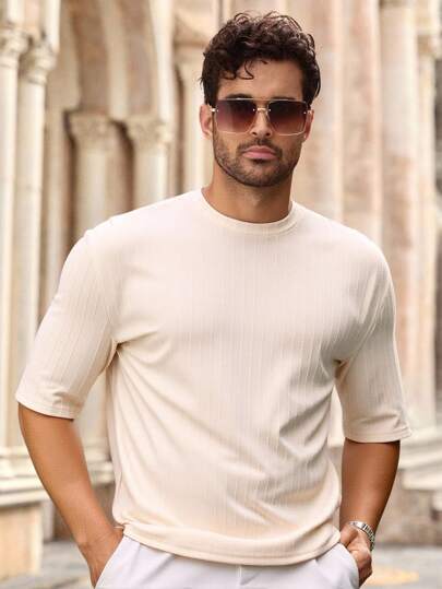 Manfinity VCAY Men's Ribbed Knit Summer Tee, Men's Loose Fit Striped Crew Neck Short Sleeve T-Shirt, Suitable For Daily Wear, Men's T-Shirt