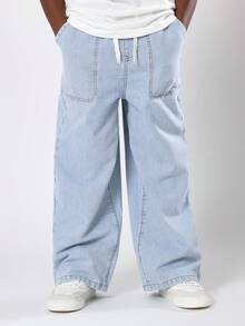 SUMWON 宽松阔腿条纹牛仔裤，舒适抽绳腰休闲日常青年裤，经典铁路图案宽松版型，四季男童裤