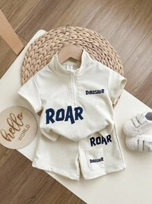 2pcs Baby Boy Summer Casual Korean Style Cute Letter Print Stand Collar Top Jacket And Shorts Set - Multicolor - View 4