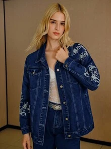 MOTF PREMIUM CHAQUETA DE MEZCLILLA CON BORDADO FLORAL - Azul lavado medio - Ver 3