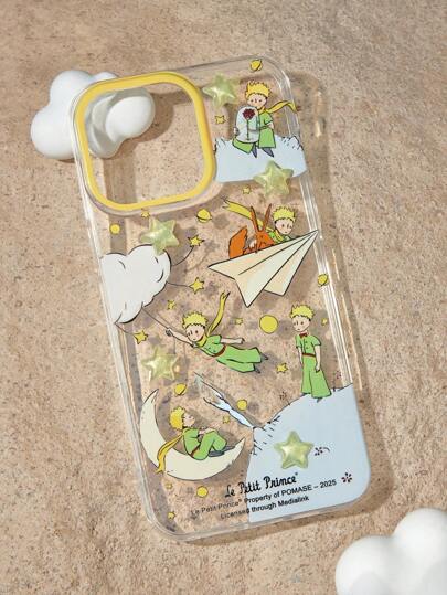 LE PETIT PRINCE X SHEIN Funda de teléfono móvil de moda y divertida, cubierta protectora estampada con decoración de estrellas tridimensionales, compatible con iPhone 11 - 17 Pro Max, Luna y Estrellas