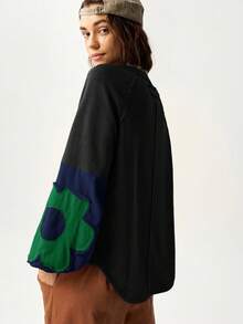 Bohemela Women's Solid Color Block Crew Neck Long Sleeve Floral Decor Sweatshirt, Casual Wear Fall Topspull Oversizeblouse Green Oversized Tops Aesthetic Tops Sleeve Top Oversized Graphic Tees Women Long Sleeve Tops, - Multicolor - View 5