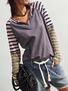 Bohemela 秋冬波西米亚风休闲针织拼布条纹V领长袖宽松女式T恤 - 深灰色 - 查看 6