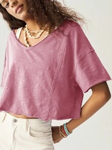 Bohemela 女士休闲纯色V领短袖宽松T恤 - 粉色 - 查看 6