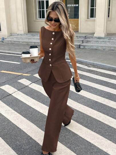 Serisse Set de 2 piezas para mujer con top sin mangas con botones delanteros lisos y pantalones largos, conjunto casual