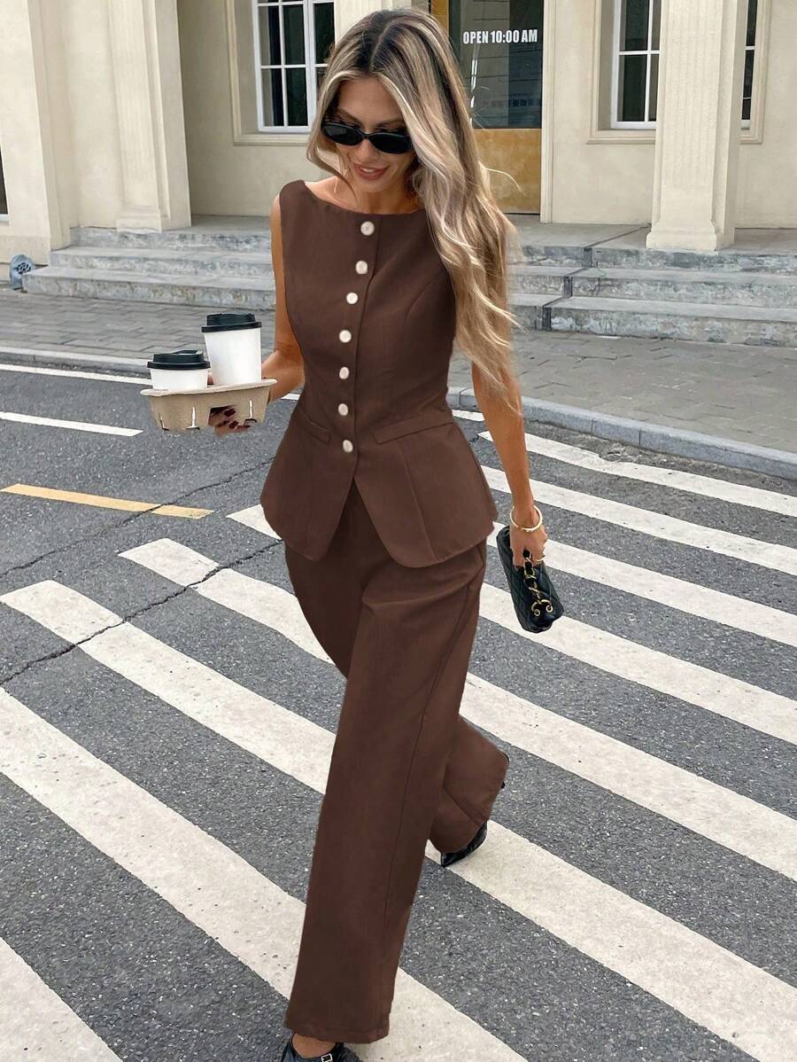 Serisse 2件套女士纯色前扣无袖上衣和长裤休闲装 - 棕色 - 查看 1