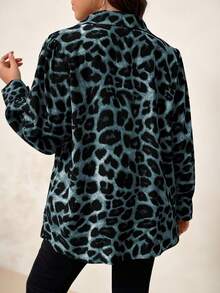 Chikora Plus Size Women Casual Leopard Print Button Down Long Sleeve Shirt Plus Size Leopard Print Shirt - Teal Blue - View 2