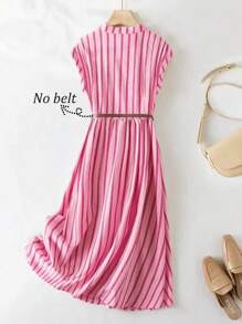 Franclia 女士休闲度假条纹V领工装口袋连衣裙夏季连衣裙粉玫瑰色大学风服装 - 玫紅色 - 查看 2