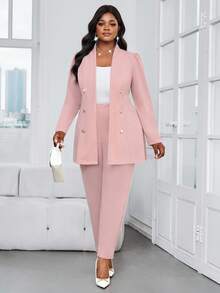 SHEIN Lady 秋冬优雅通勤办公粉色针织立领金色纽扣长袖加大码套装加大码仿皮草外套 - 藕粉色 - 查看 4