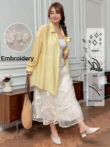 SHEIN LUNE Plus Size Elegant Flower Embroidery Mesh Skirt, Summer Gauze Clothing Women Yellow Sheer Top White Embroidered Vacation Outfits Woman Elegant Dresses For Women Teacher Outfits For Women White Outfits For Women Streetwear Korean Style Kawaii Fall Women Clothes Back To School Clothes Streetwear Vintage Old Money - White - View 1