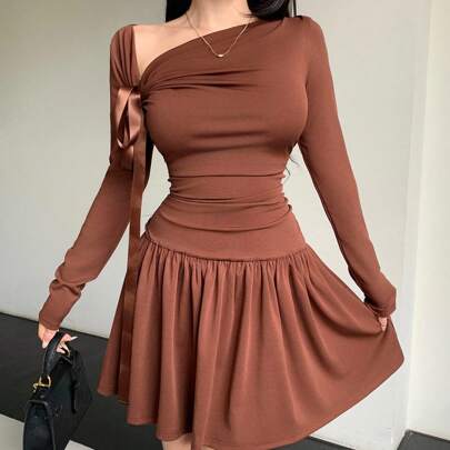 여성용 비대칭 네크라인 리본 허리 A라인 일상적인 드레스