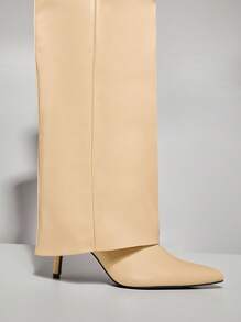 SHUZIA Women Fashion Comfortable Folded Over Over-Knee Heeled Boots With Lock Decor - Beige - View 6