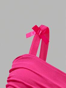 Elladie kids Tween Girls' Elegant Solid Color 3D Full Body Ribbon Bow Pleated Strap Dress, Popular For Party, Spring/Summer New Arrival - Hot Pink - View 3