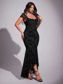 Viva Relle 大码女式弹力紧身优雅派对/生日/场合美人鱼蕾丝网眼吊带裙，适合秋冬夏季 - 黑色 - 查看 5