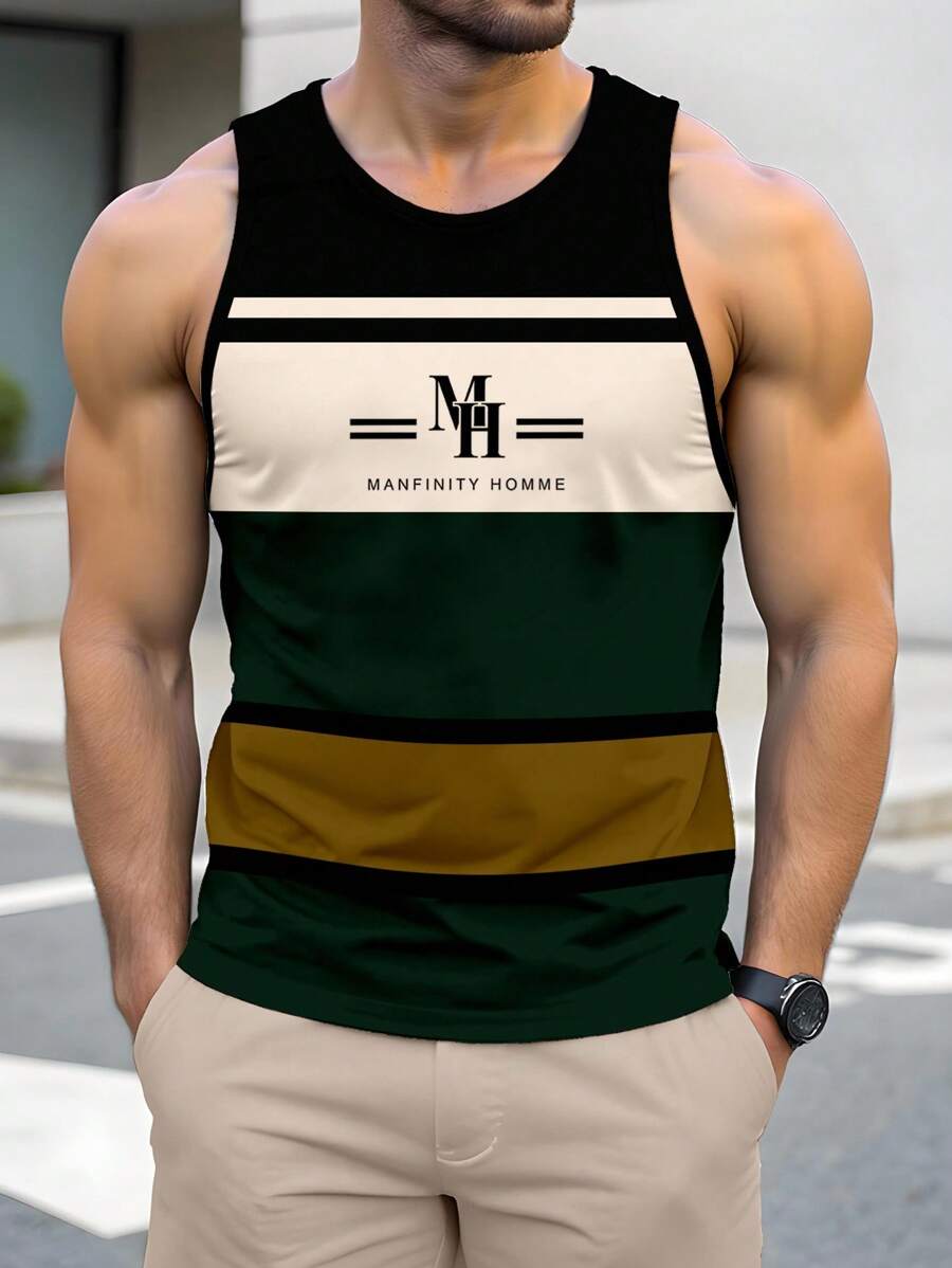 Solurane Men's Summer Letter & Stripe Print Round Neck Casual Tank Top - Dark Green - View 1