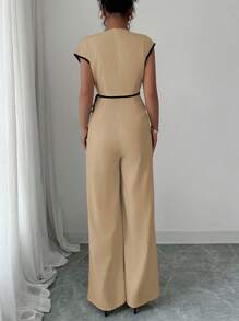 Elenzga 女士优雅通勤撞色修身连体裤 - 卡其色 - 查看 2